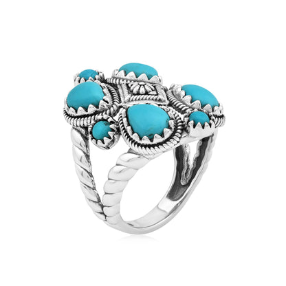Sterling Silver Sleeping Beauty Turquoise 4 Pear and Round Cut Cluster Ring
