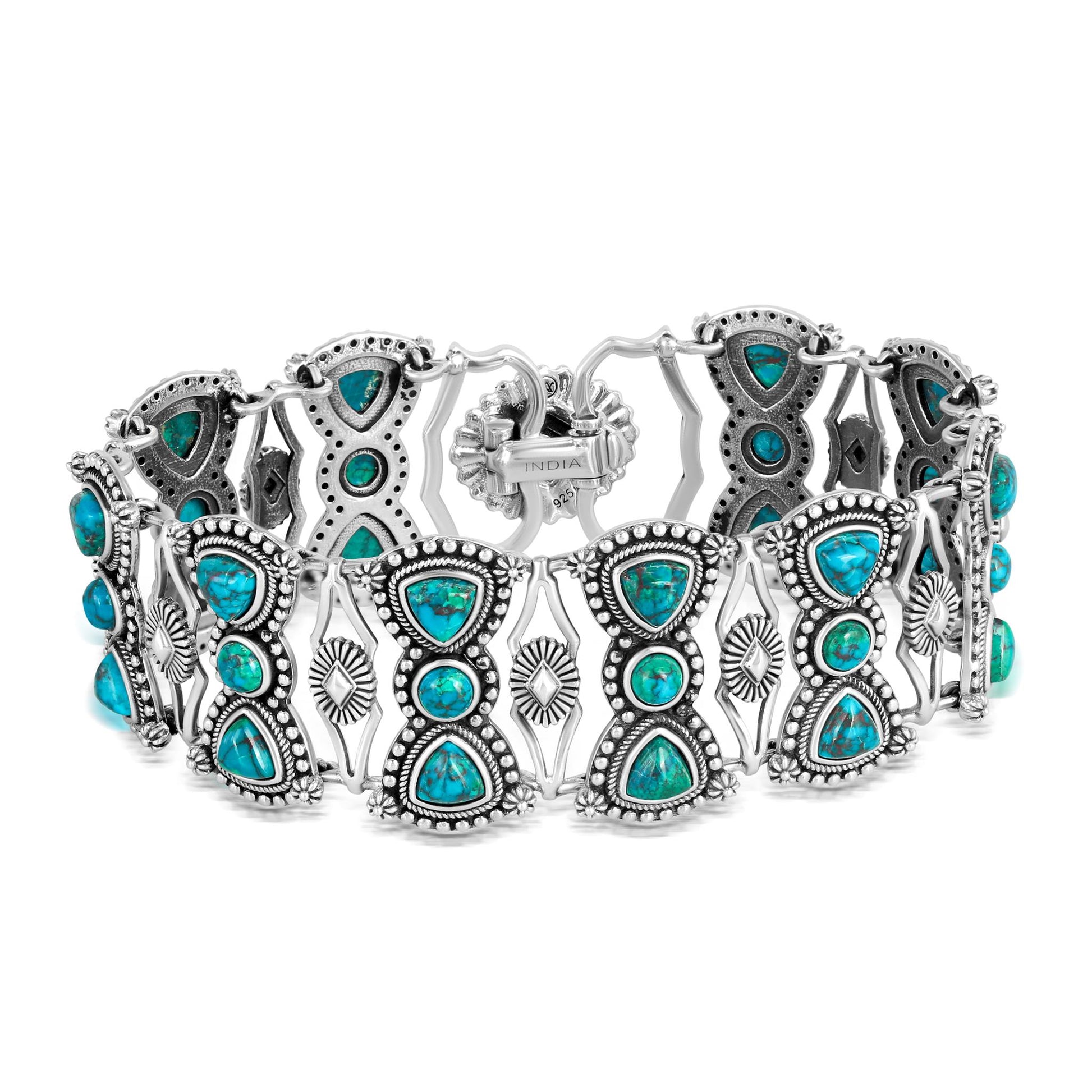 Sterling Silver Chrysocolla Round and Trillion Cut Link Bracelet