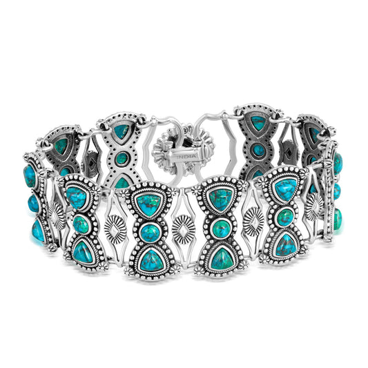 Sterling Silver Chrysocolla Round and Trillion Cut Link Bracelet