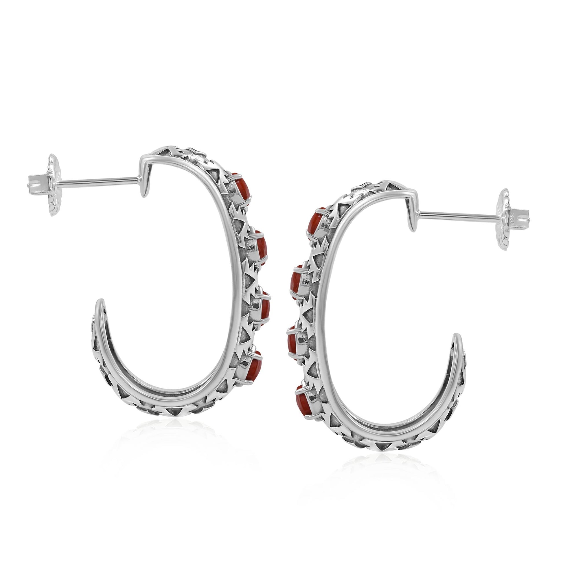 Sterling Silver Red Jasper Patterned J-Hoop 1 Inch Earrings 