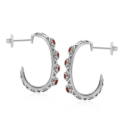 Sterling Silver Red Jasper Patterned J-Hoop 1 Inch Earrings 