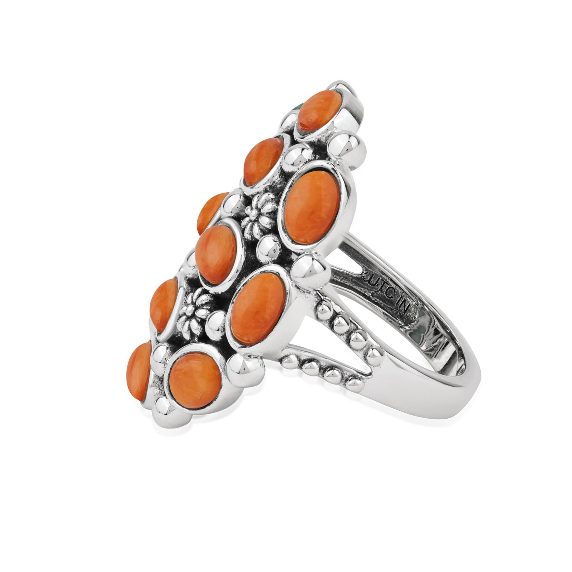  Sterling Silver Orange Spiny Oyster Oval 12-Stone Cluster Ring