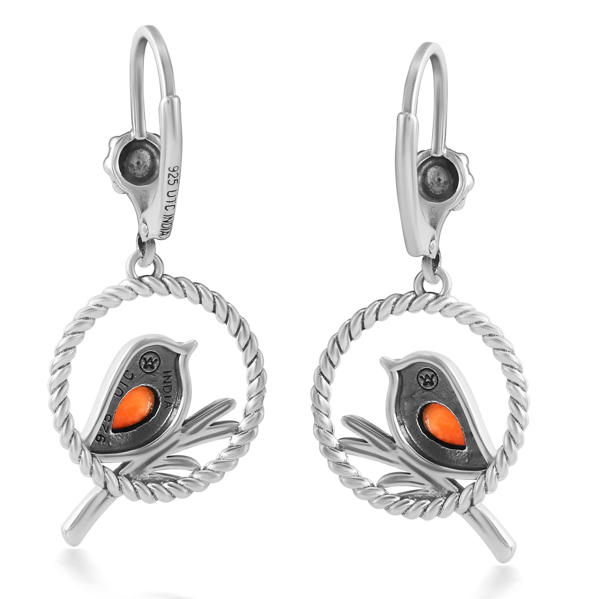 EXCLUSIVELY OURS! Sterling Silver Orange Spiny Oyster Bird and Branch Open Circle Dangle Earrings