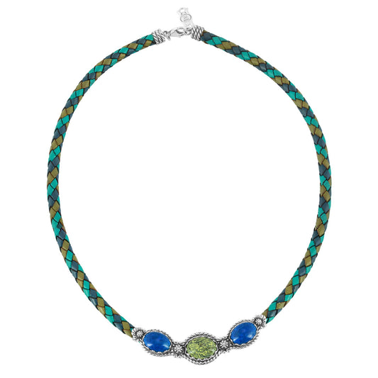 Sterling Silver Serpentine and Lapis Blue Tonal Braided Leather 3-Stone Necklace