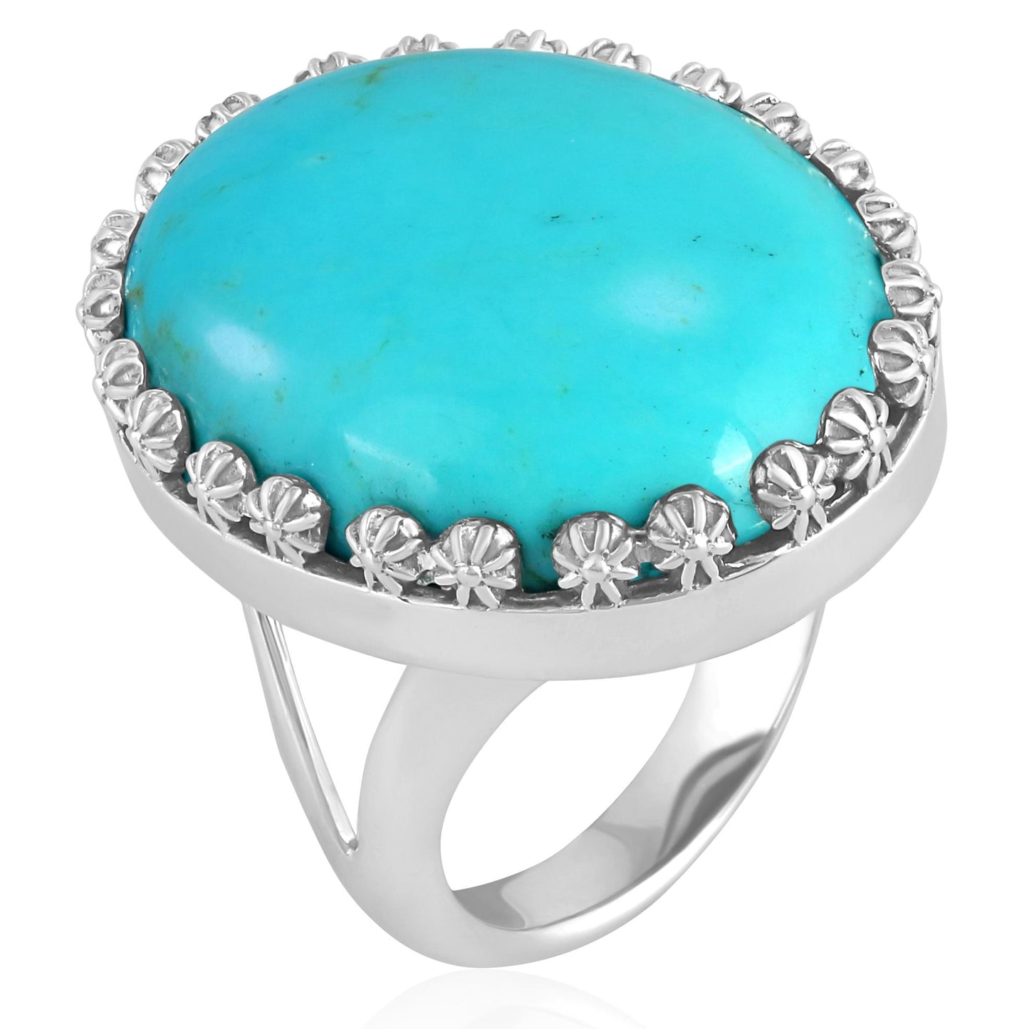 Sterling Silver Kingman Turquoise Concha Flower Border Oval Cut Ring, Sizes 5 to 10