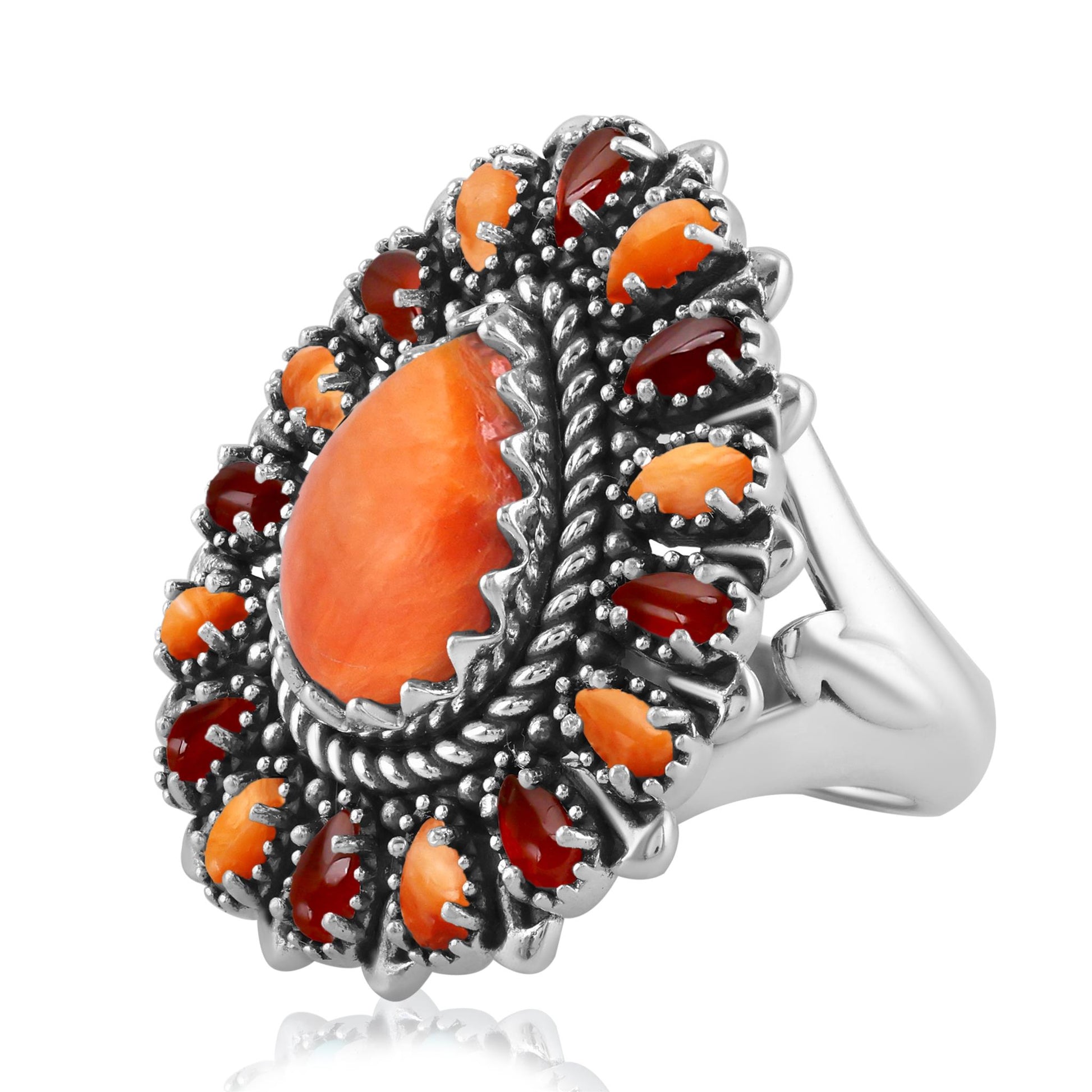 LIMITED EDITION! Sterling Silver Orange Spiny Oyster and Red Onyx Pear-Shaped Cluster Ring