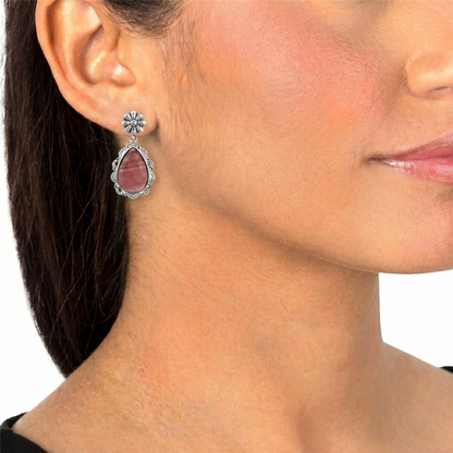  Sterling Silver Rhodochrosite Pear-Cut Concha Dangle Earrings