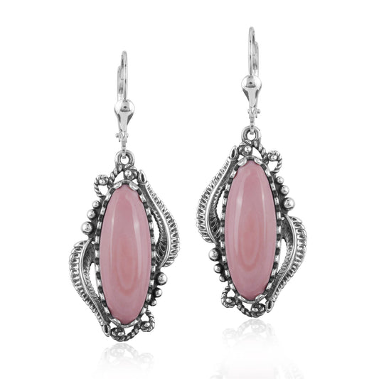 Sterling Silver Pink Opal Leaf and Scroll Dangle Earrings