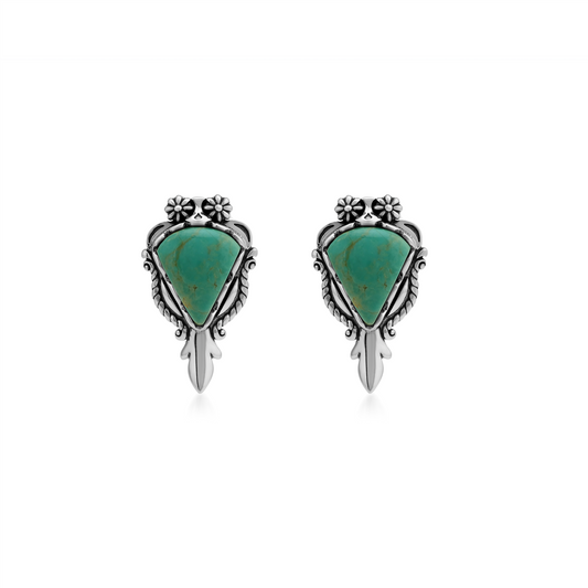 Sterling Silver Green Turquoise Pear Gemstone Squash Blossom Earrings 