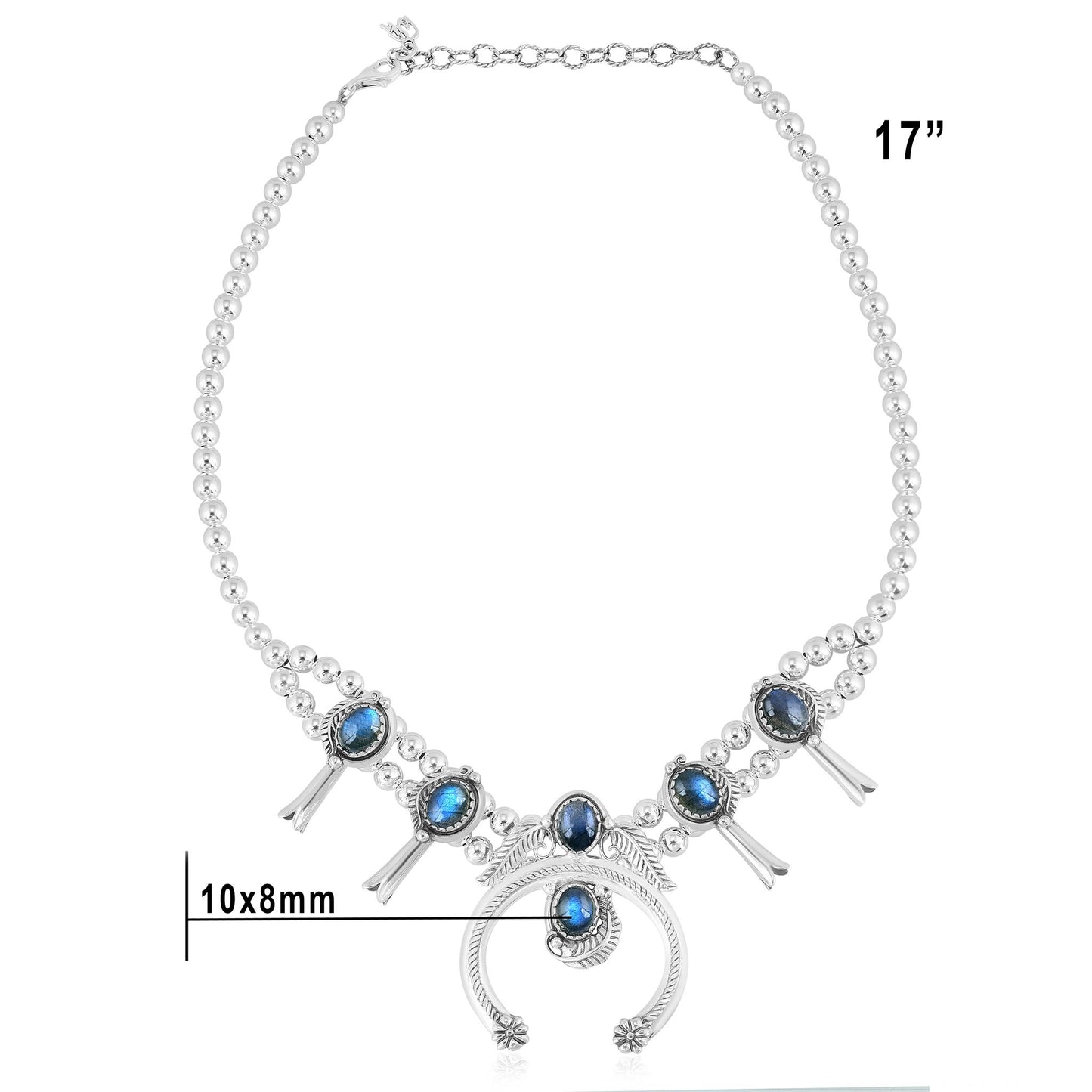 Sterling Silver Labradorite Squash Blossom Necklace 17 to 20 Inches