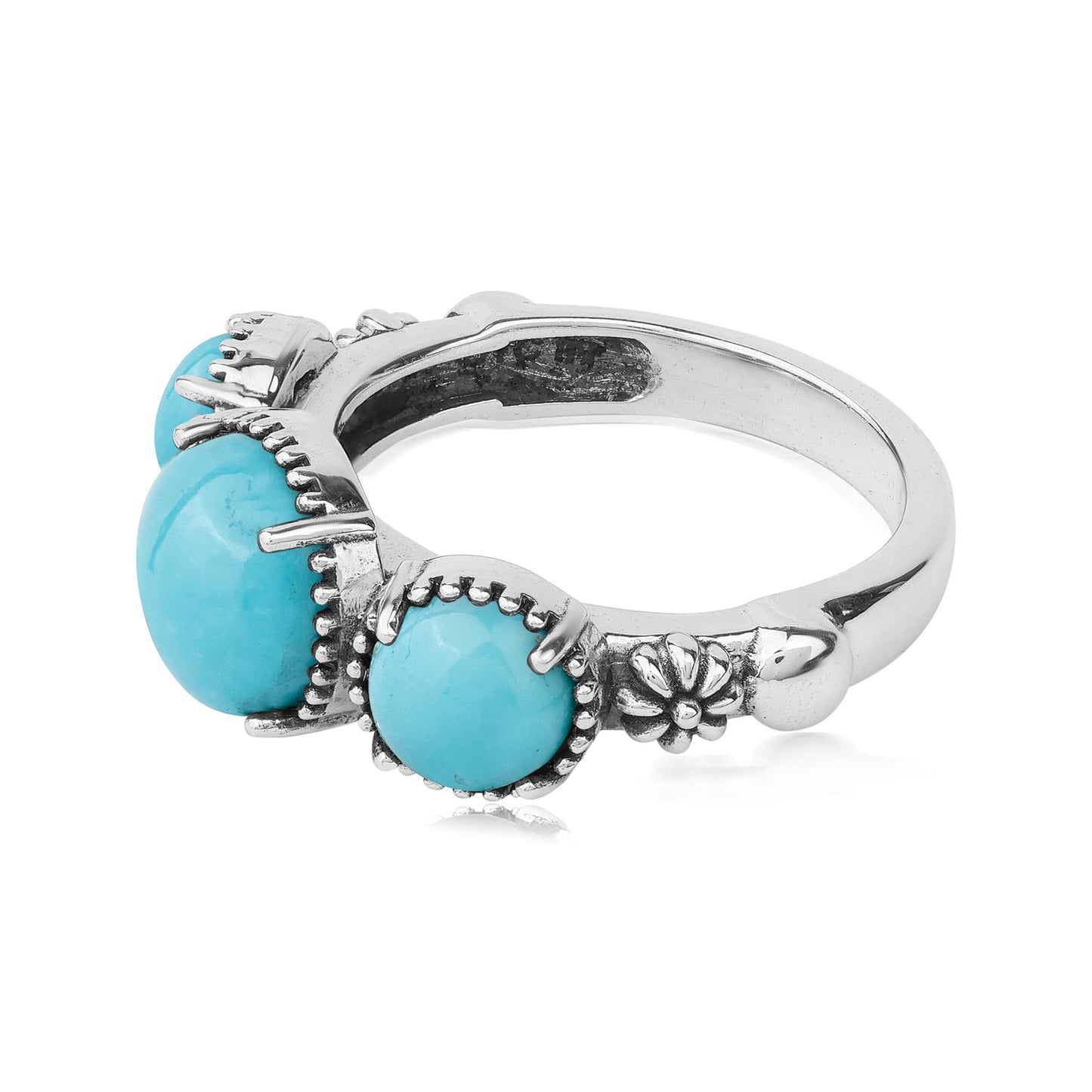 Sterling Silver Kingman Turquoise Oval 3 Stone Concha and Bead Ring