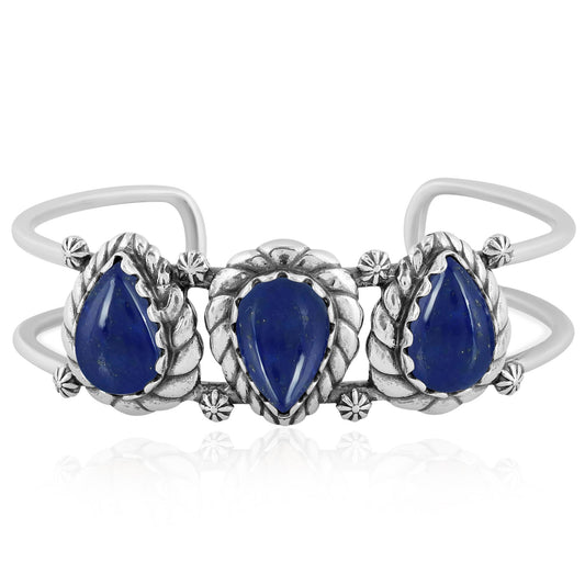 Sterling Silver Lapis Pear Cut Rope Design Cuff Bracelet
