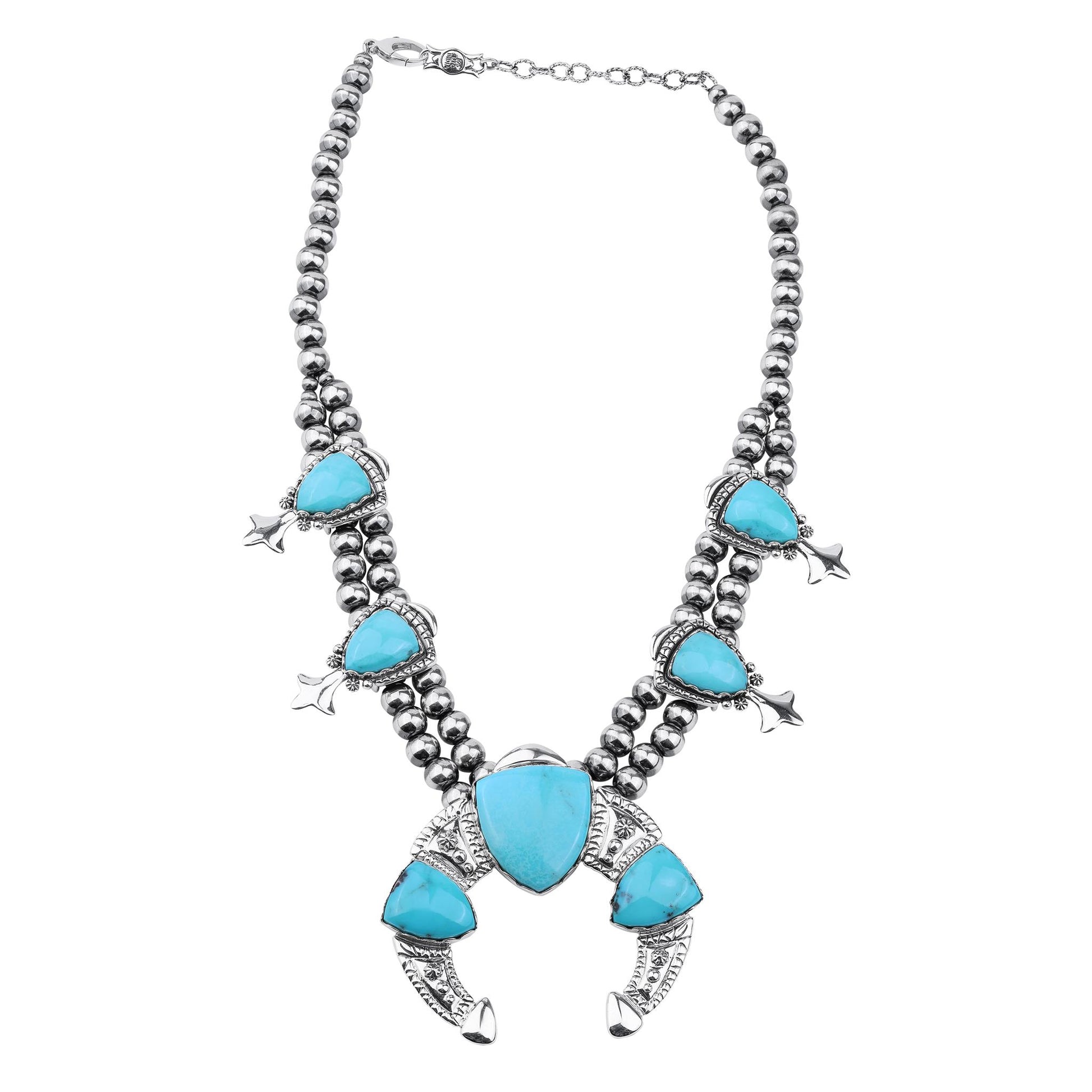 LIMITED EDITION! Sterling Silver Kingman Turquoise Arrowhead Squash Blossom Statement Necklace