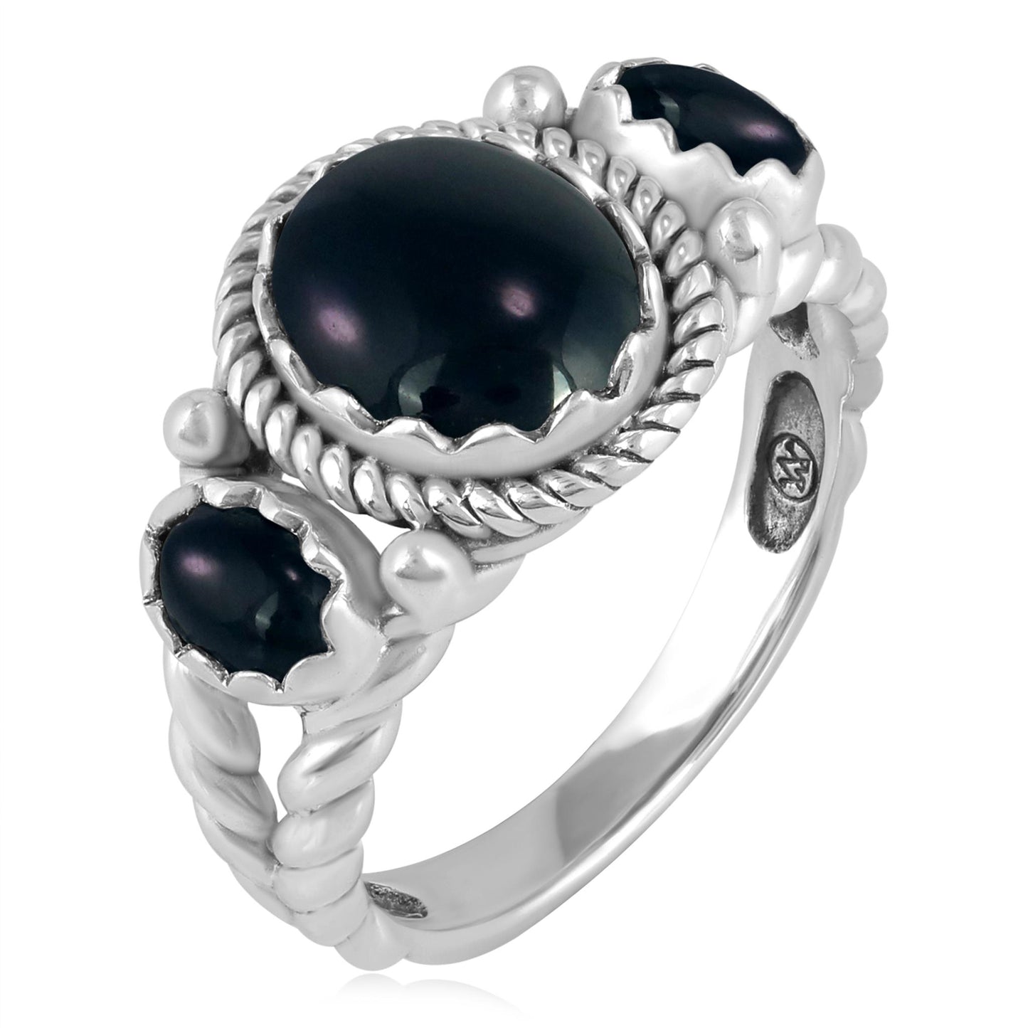 Sterling Silver Black Agate 3-Stone Ring, Sizes 5 to 11