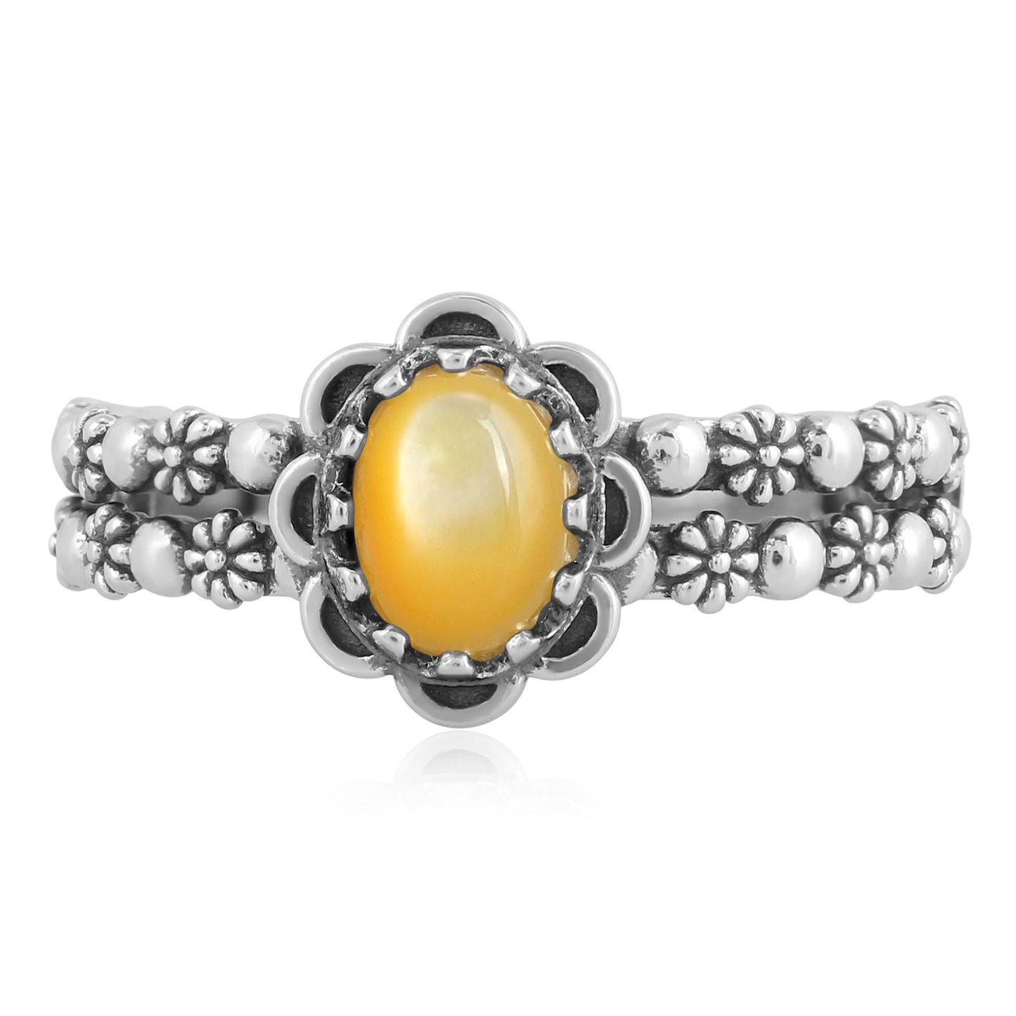 Sterling Silver Yellow Mother of Pearl Double Row Concha Flower Ring