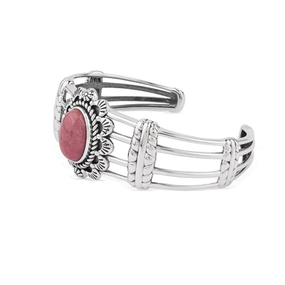 Sterling Silver Rhodonite Oval Scallop Open Cuff Bracelet