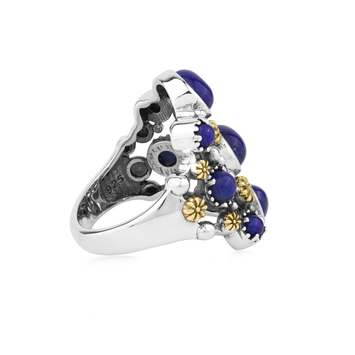 Sterling Silver Lapis Two-Tone 9 Gemstone Concha Ring, Sizes 5 to 10