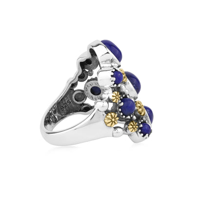 Sterling Silver Lapis Two-Tone 9 Gemstone Concha Ring, Sizes 5 to 10
