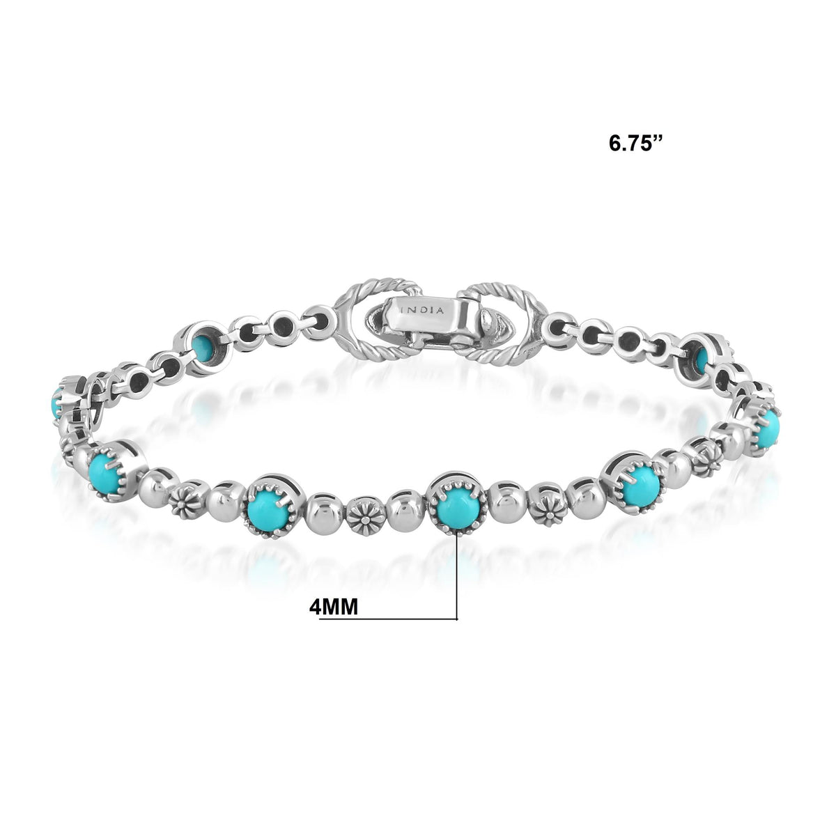 Sterling Silver Sleeping Beauty Turquoise Round Beaded Bracelet, Sizes Small to Large