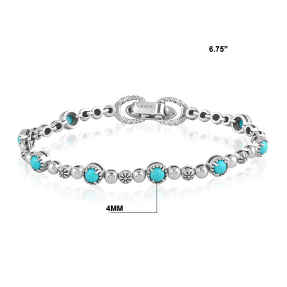 Sterling Silver Sleeping Beauty Turquoise Round Beaded Bracelet, Sizes Small to Large