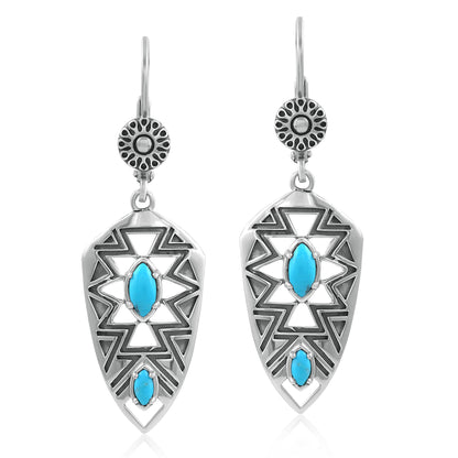 Sterling Silver Marquise Kingman Turquoise Patterned Lever Back Earrings 