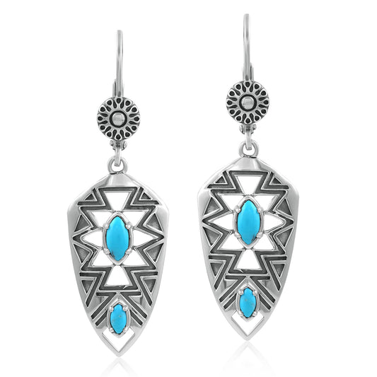 Sterling Silver Marquise Kingman Turquoise Patterned Lever Back Earrings 