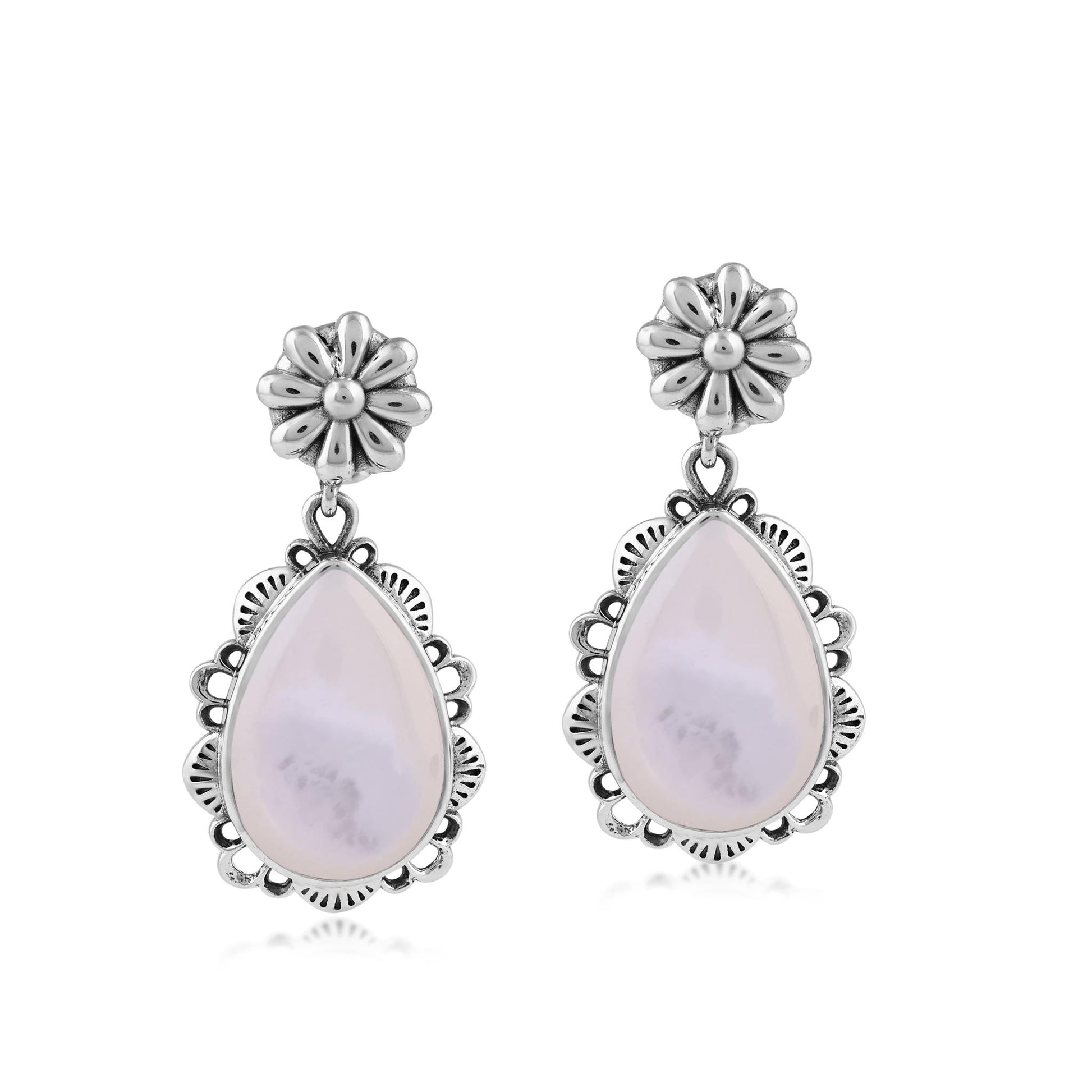  Sterling Silver White Mother of Pearl Pear-Cut Concha Dangle Earrings