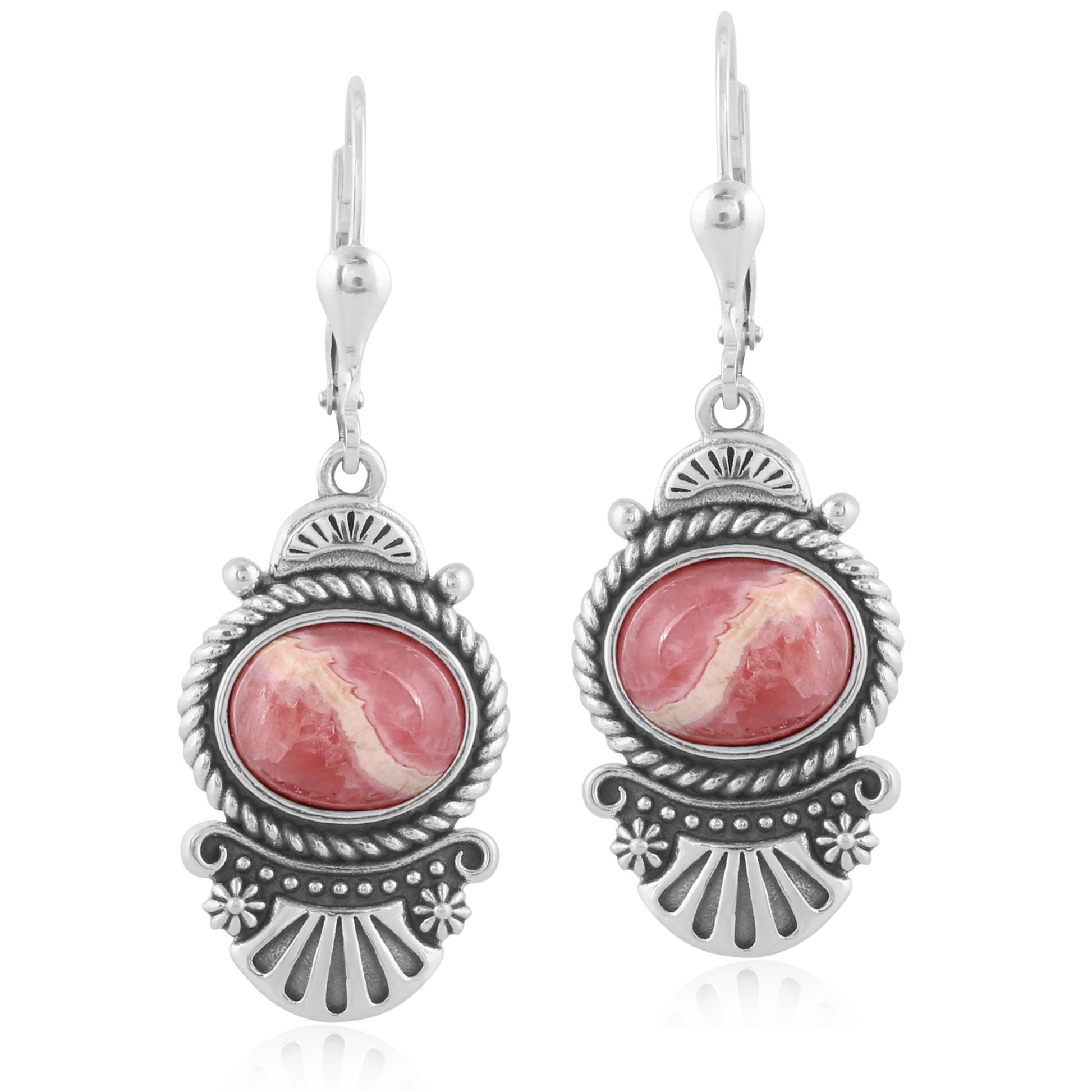 Sterling Silver Oval Rhodochrosite Rope Dangle Earrings