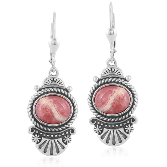 Sterling Silver Oval Rhodochrosite Rope Dangle Earrings