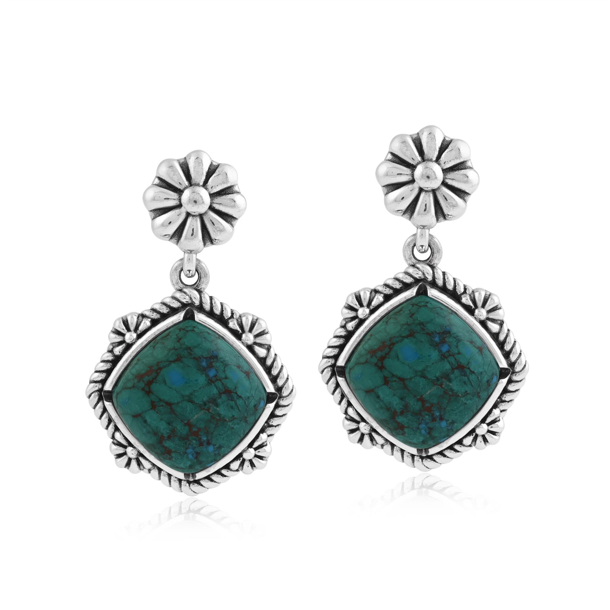 Sterling Silver Chrysocolla Cushion-Cut Concha Flower Post Earrings 