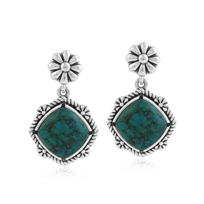 Sterling Silver Chrysocolla Cushion-Cut Concha Flower Post Earrings 