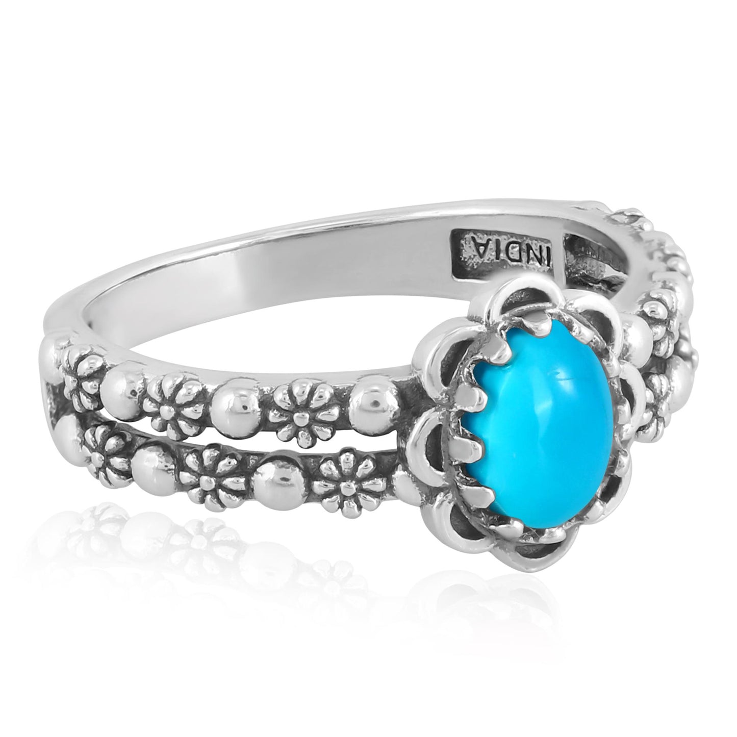 EXCLUSIVELY OURS! Sterling Silver Sleeping Beauty Turquoise Double Row Concha Flower Ring