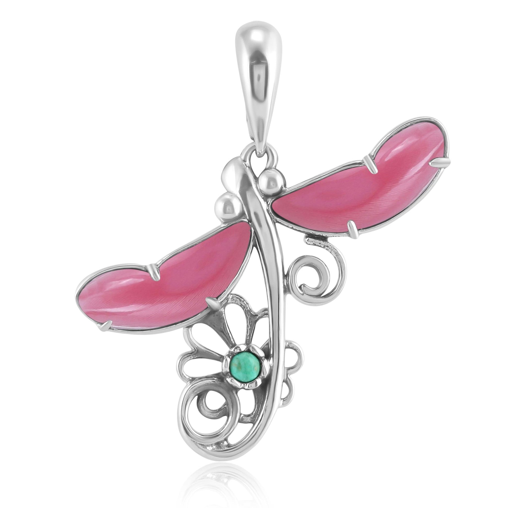 Sterling Silver Pink Shell and Variscite Fritz Casuse Dragonfly Pendant Enhancer