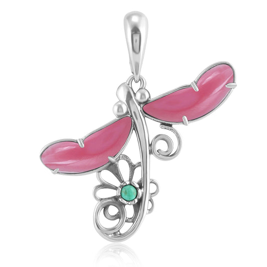 Sterling Silver Pink Shell and Variscite Fritz Casuse Dragonfly Pendant Enhancer