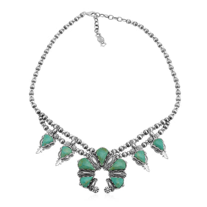 Sterling Silver Green Turquoise Pear Gemstone Squash Blossom Necklace, 17 to 20 Inches