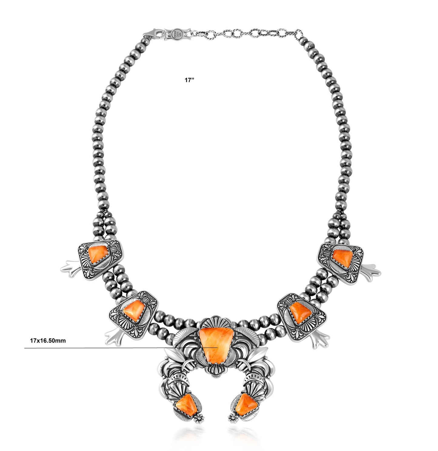 LIMITED EDITION! Sterling Silver Orange Spiny Oyster Trapezoid Squash Blossom Necklace