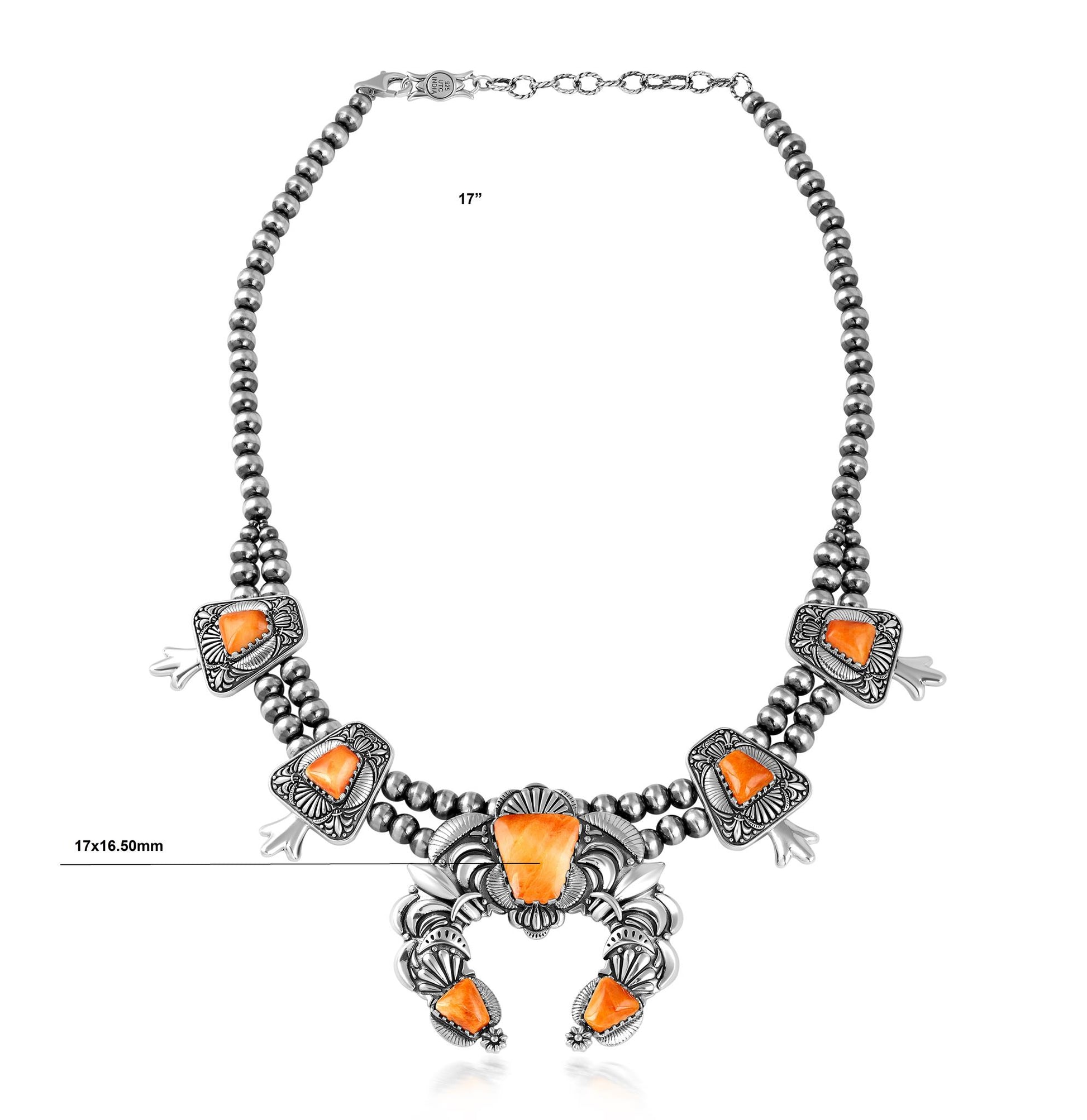 LIMITED EDITION! Sterling Silver Orange Spiny Oyster Trapezoid Squash Blossom Necklace
