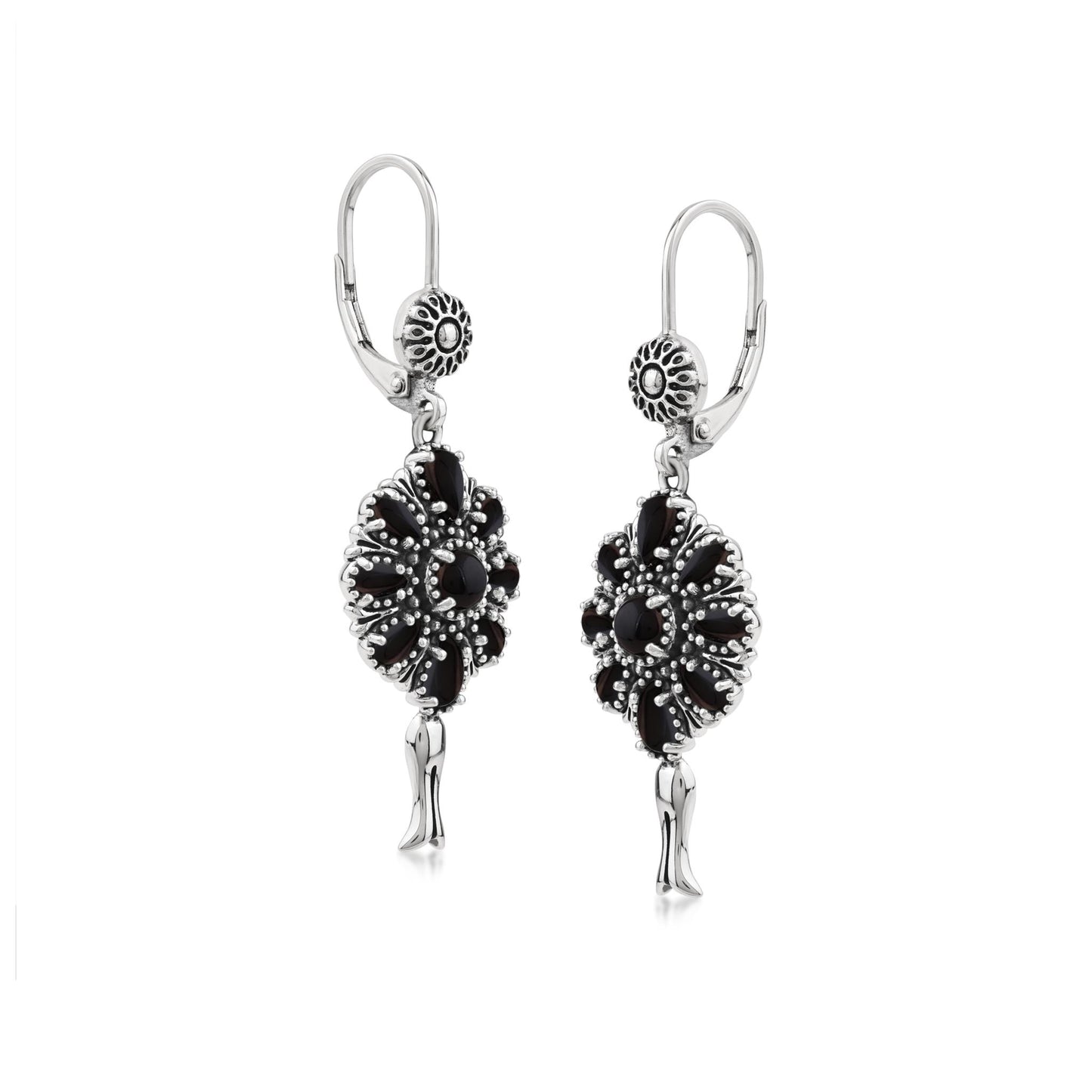  Sterling Silver Black Onyx Flower Cluster Squash Blossom Earrings