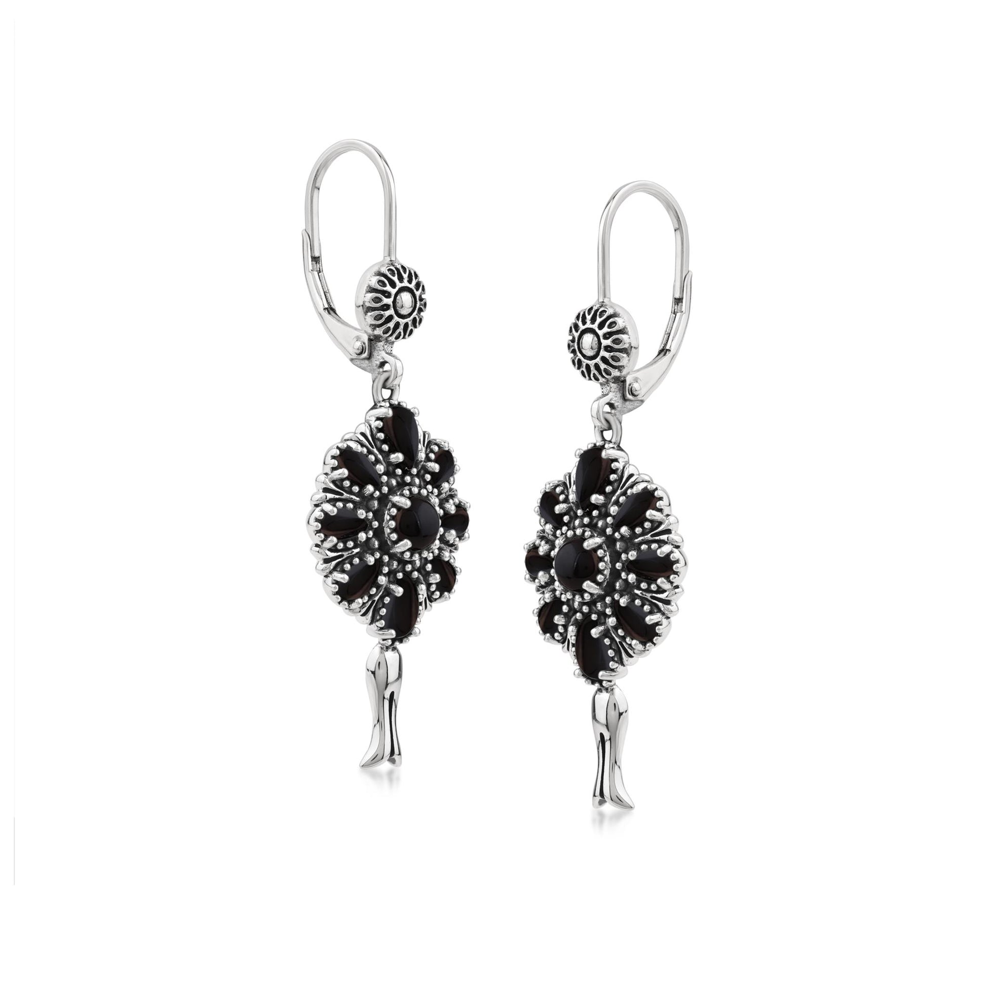  Sterling Silver Black Onyx Flower Cluster Squash Blossom Earrings