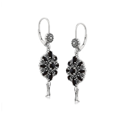  Sterling Silver Black Onyx Flower Cluster Squash Blossom Earrings