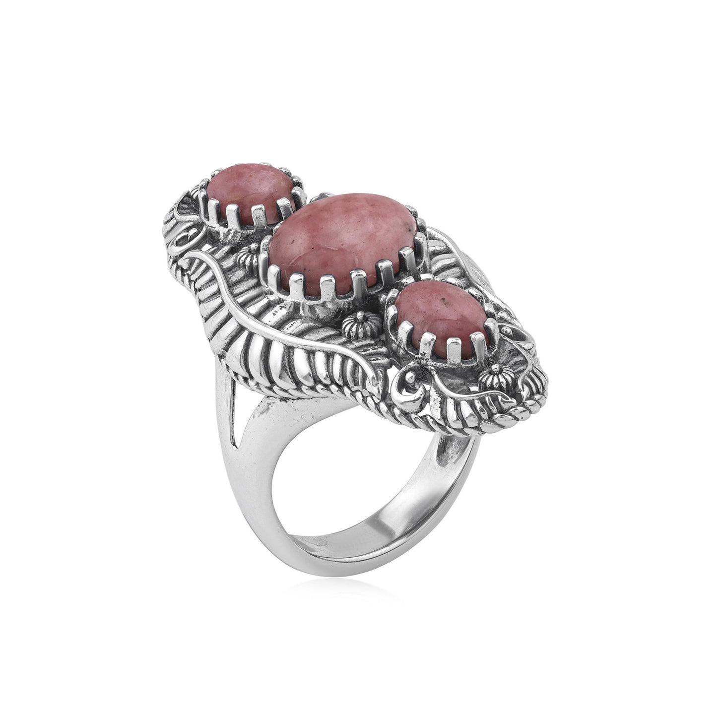 Sterling Silver Rhodonite Leaf and Vine Oval Ring