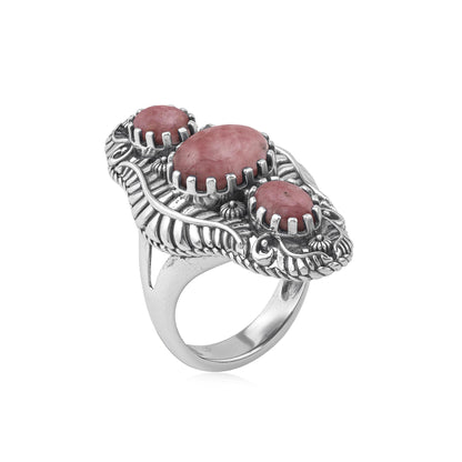 Sterling Silver Rhodonite Leaf and Vine Oval Ring