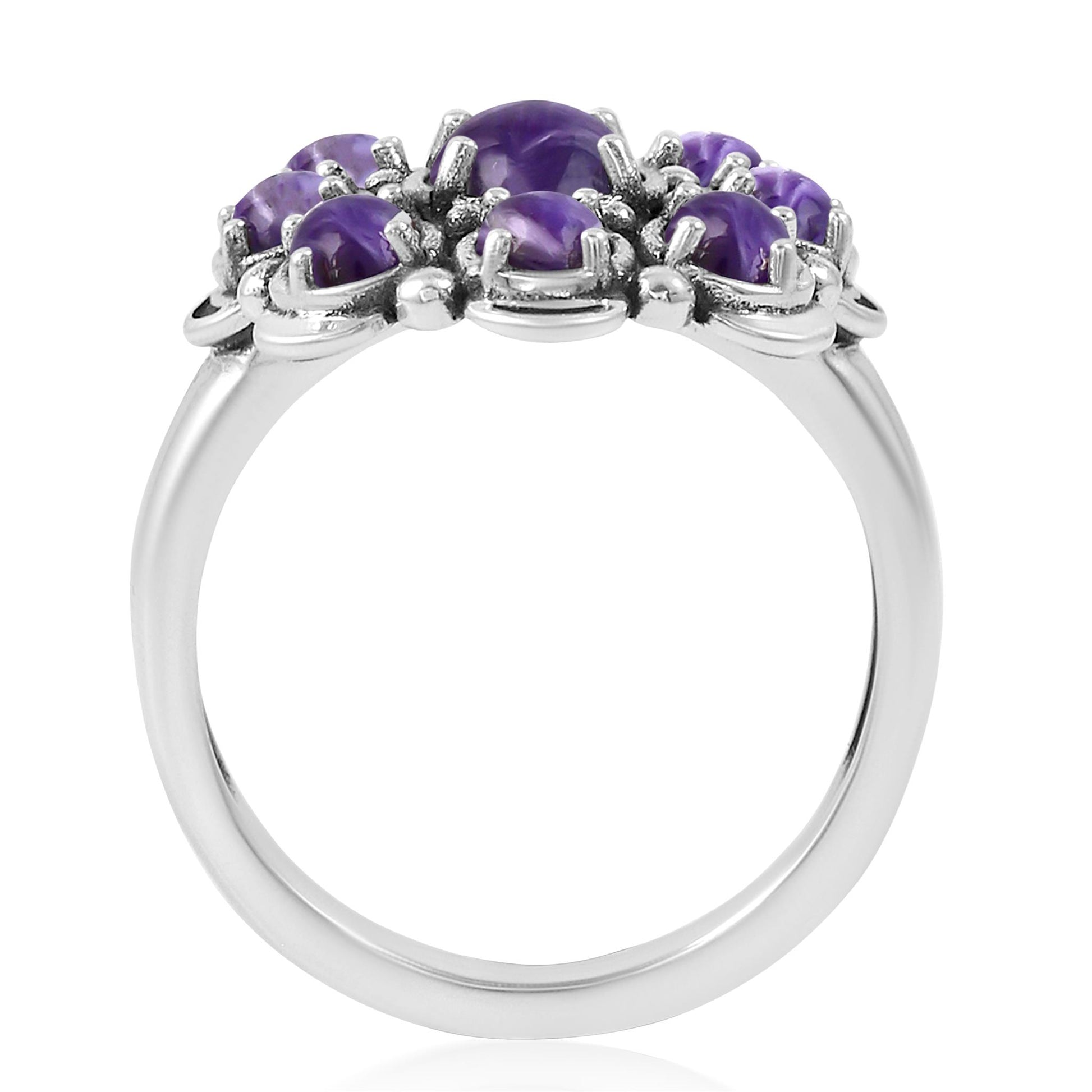Sterling Silver Charoite Round Cut Flower Cluster Ring