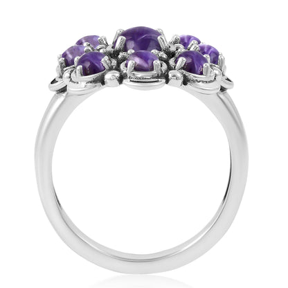 Sterling Silver Charoite Round Cut Flower Cluster Ring