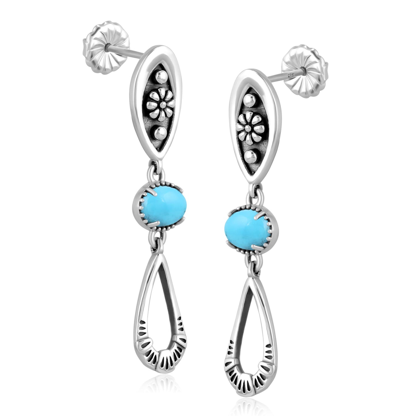 Sterling Silver Sleeping Beauty Turqoise Teardrop Double Loop Gemstone Earrings 