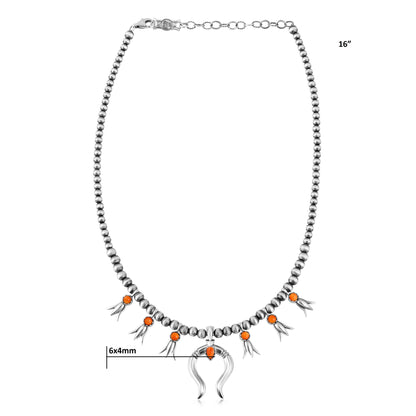 Sterling Silver Orange Spiny Oyster Beaded Squash Blossom Necklace