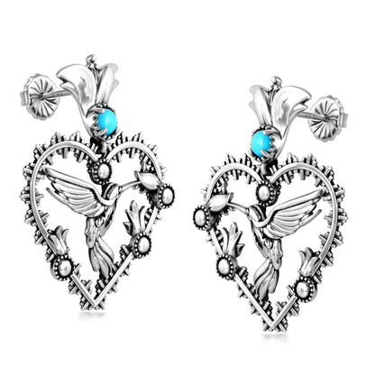 Sterling Silver Sleeping Beauty Turquoise Fritz Casuse Heart Hummingbird Earrings