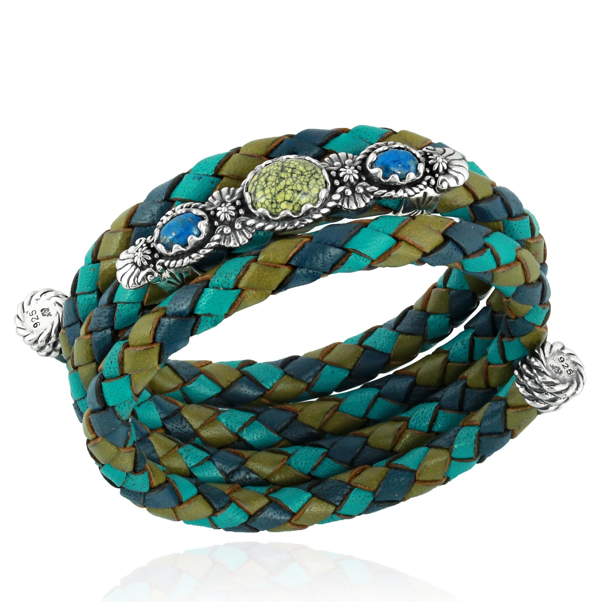 Sterling Silver Serpentine and Lapis Blue Tonal Braided Leather Wrap Bracelet