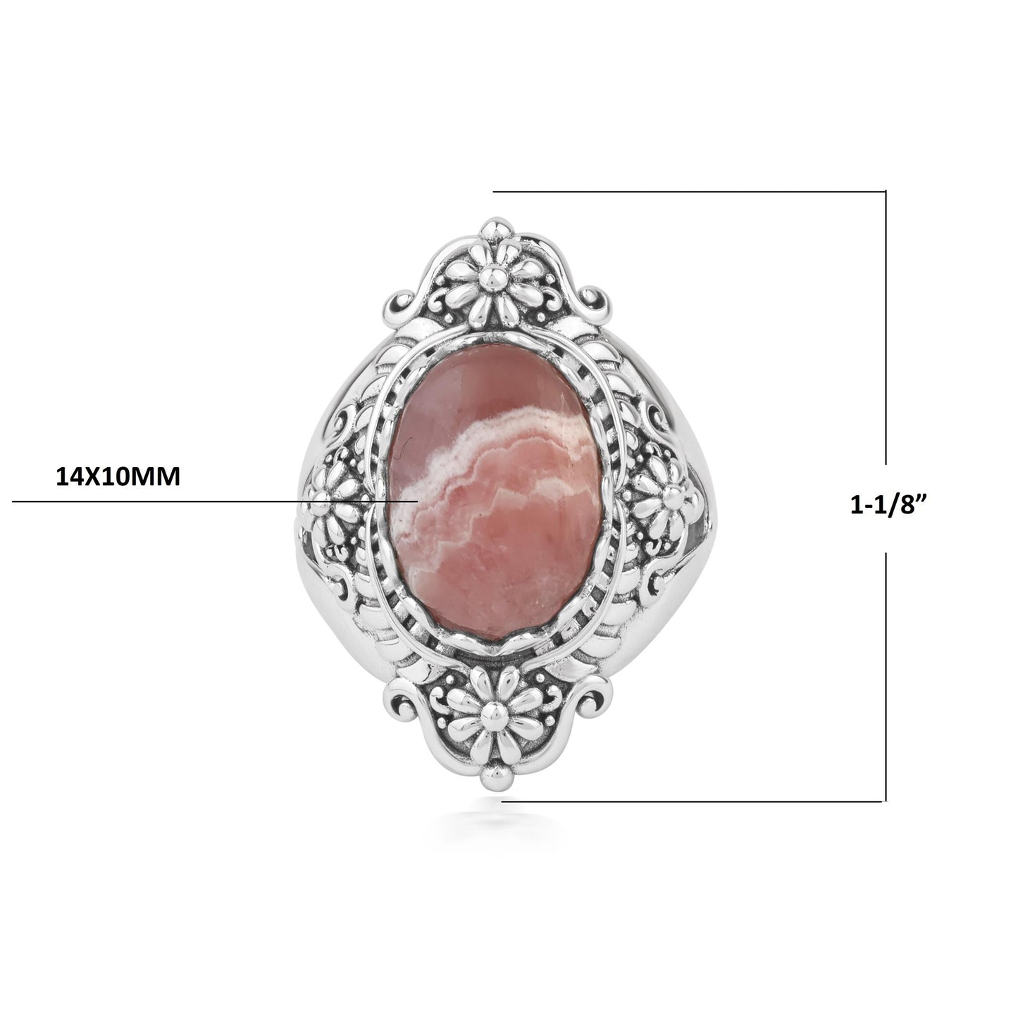  Sterling Silver Rhodochrosite Oval Scalloped Concha Ring