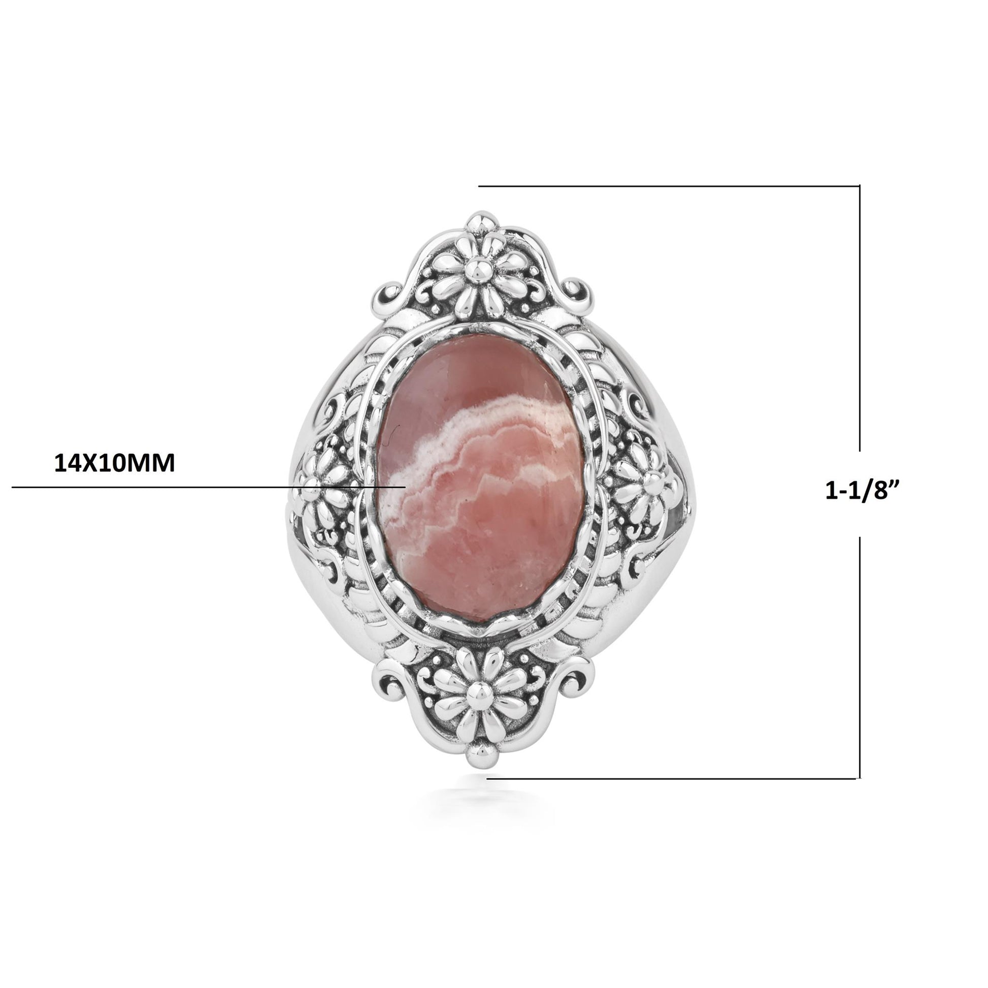  Sterling Silver Rhodochrosite Oval Scalloped Concha Ring